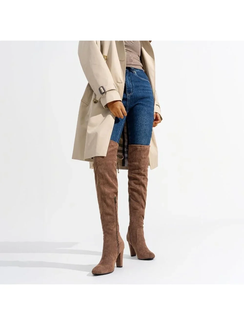 Women's Mocha Coffee Brown Closed Round Toe Block Heel Over The Knee High Boots